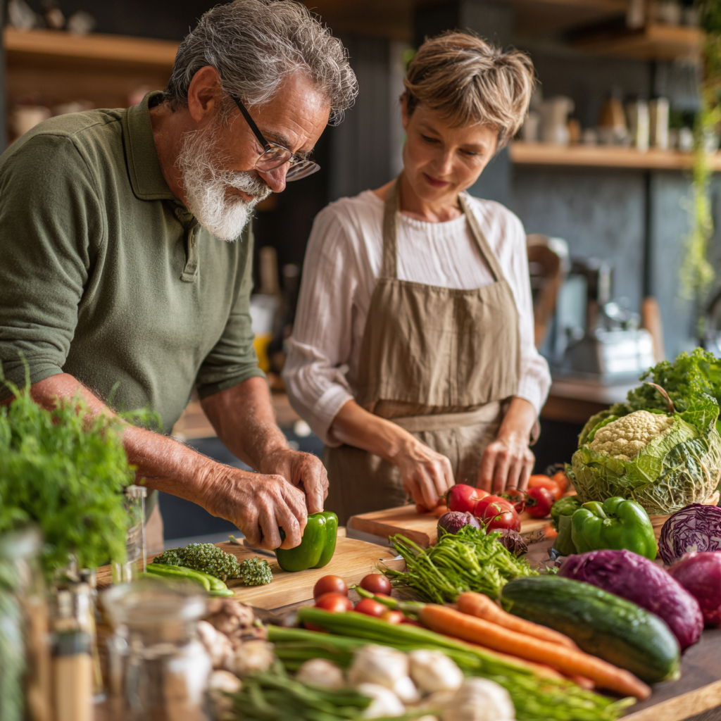 Middle-aged adults preparing healthy vegetables and green foods for immune support